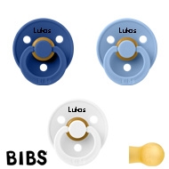 BIBS Colour Sutter med navn str2, 1 Cornflower, 1 White, 1 SkyBlue Runde latex